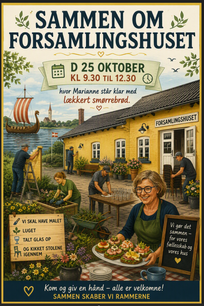 Flyer som reklamerer for arbejdsdag i Kølstrup Forsamlingshus 25. oktober 2026
